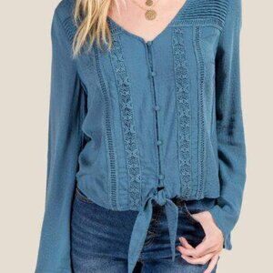 Bohme Blue Boho Embroidered Button-Down Top